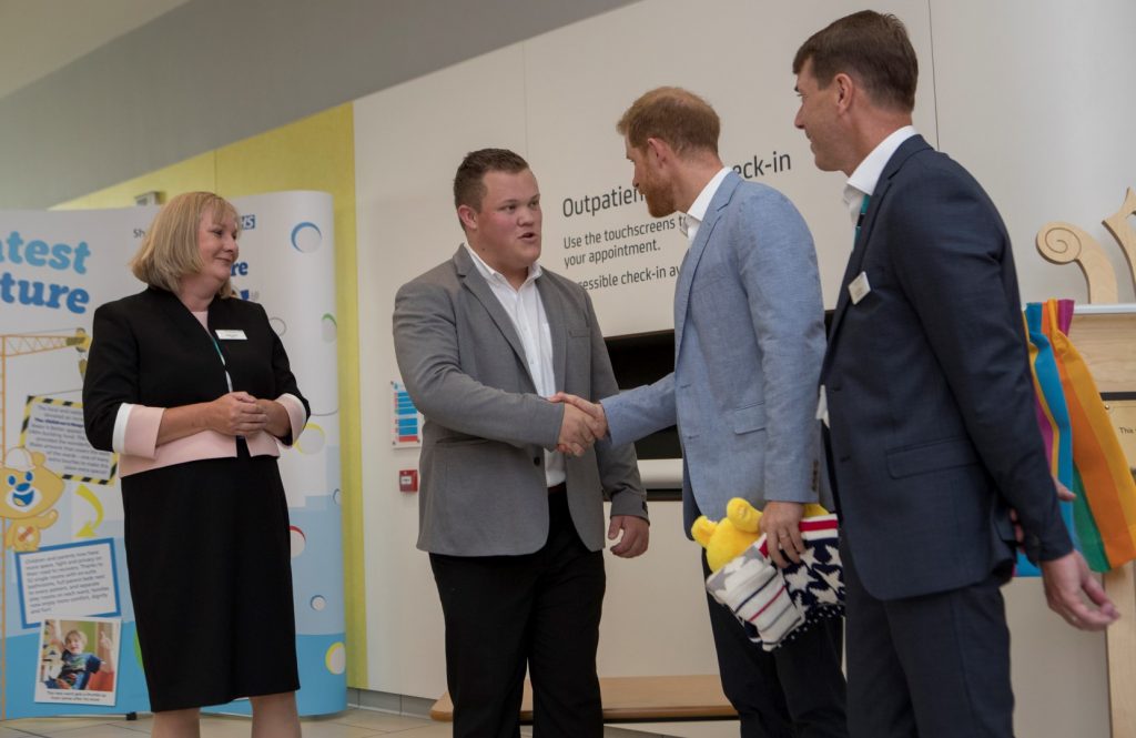 Prince Harry meets George Marriott, Co-Chair of the Youth Forum at Sheffield Childrens