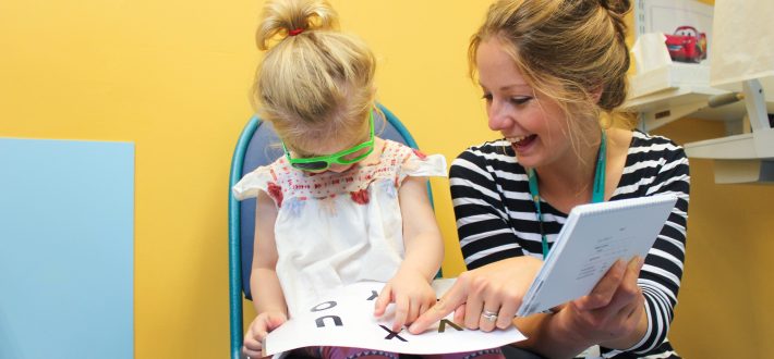 Girl having eye test at Sheffield Childrens