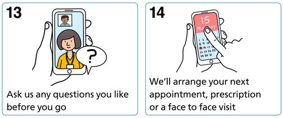 Ask us any questions you like before you go. We'll arrange your next appointment, prescription or face to face visit.