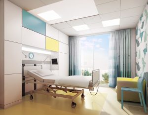 artist impression of new ward 6 bed space, colourful and bright with new bed