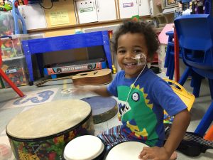 Caleb on the ward at Sheffield Children's during early stages of treatment