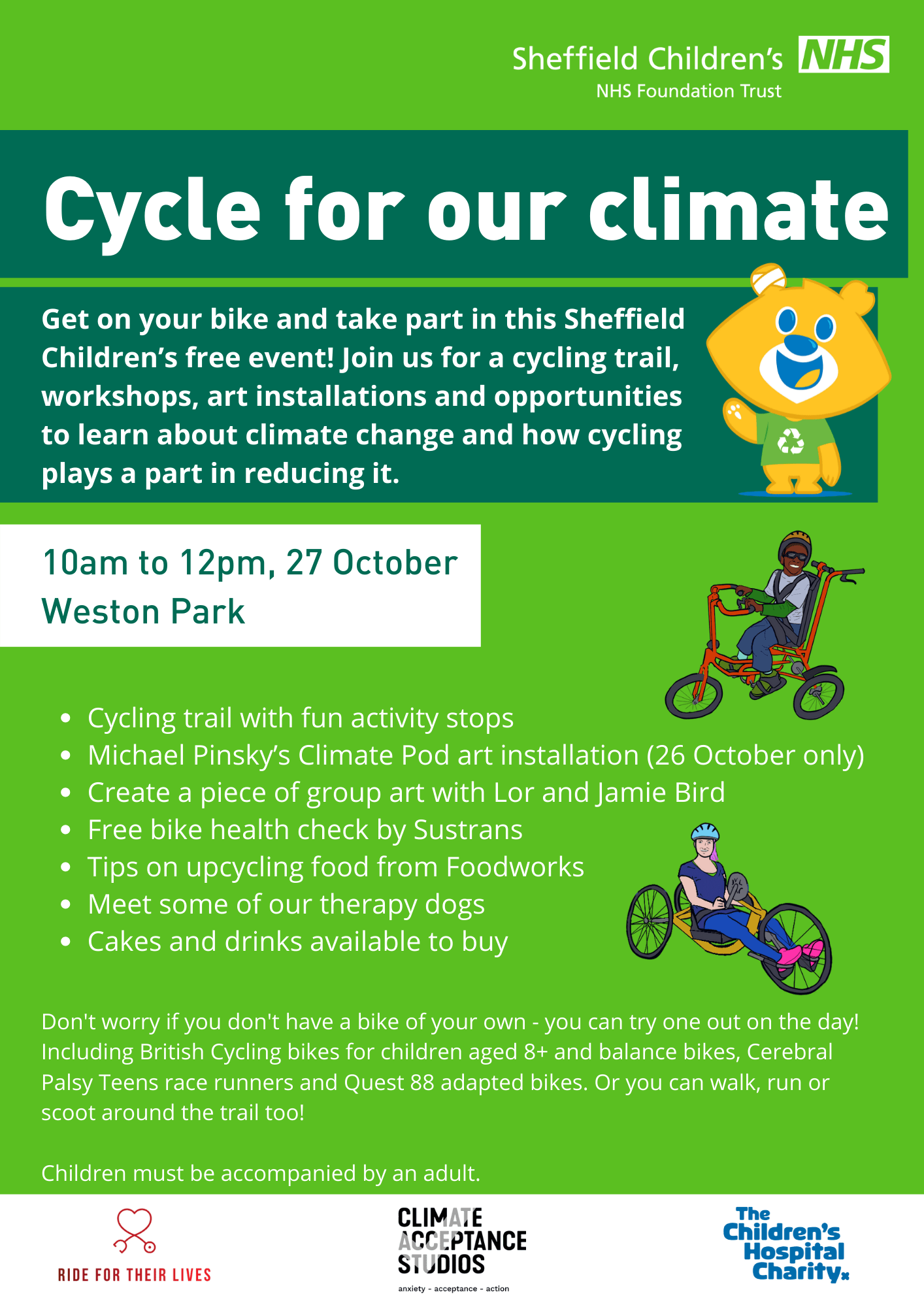 cycle for our climate, event on 27 October 2021 at Weston Park, Sheffield. learn about climate change and how cycling can help reduce climate change - event for all children