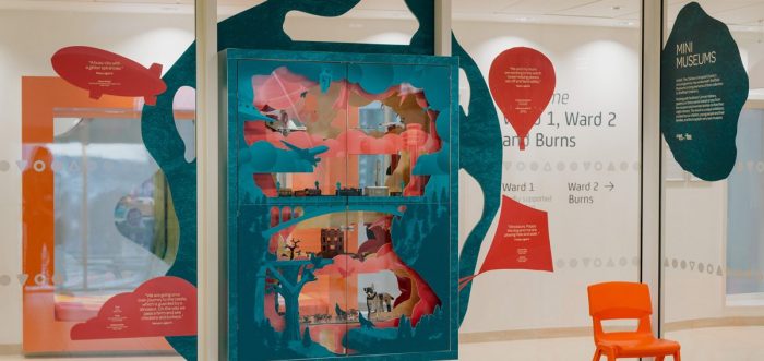 mini museum on ward 1 in the hospital, blue colour splash with orange